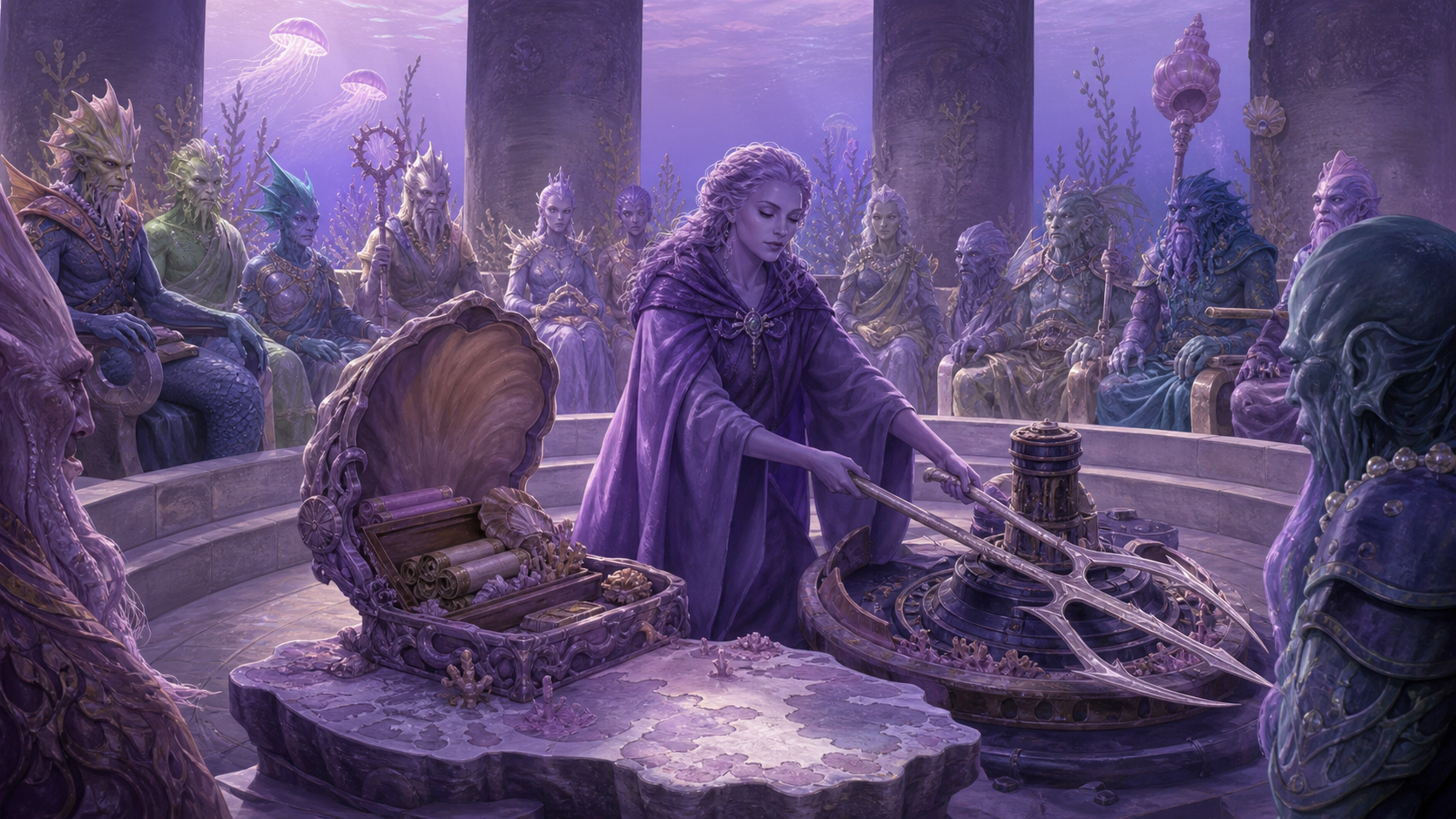 Original fan art of a former sea sorceress dismantling a leverage chamber before a public truth council