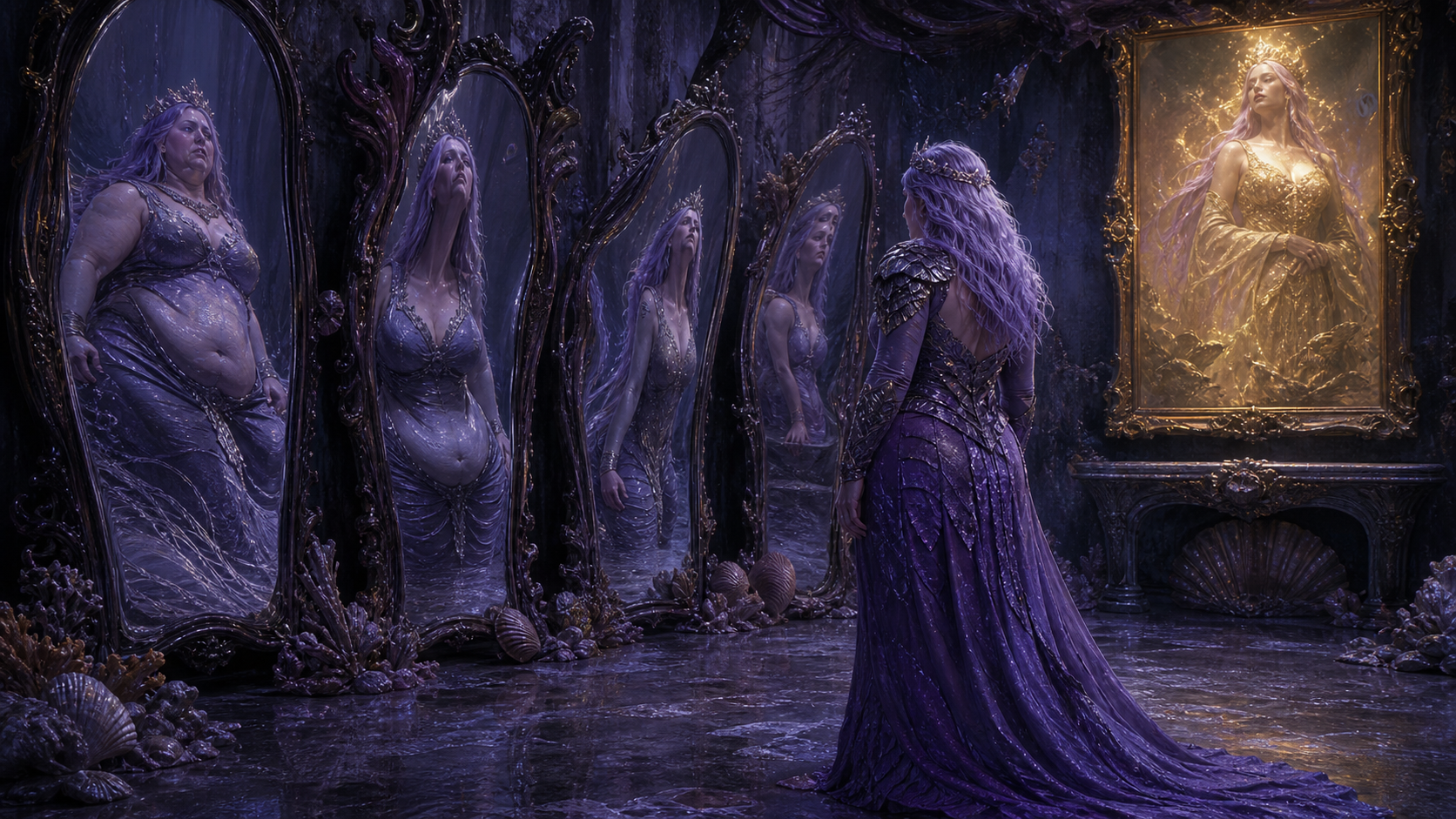 Original fan art of a sea sorceress facing distorted mirrors and a golden portrait of a celebrated sister