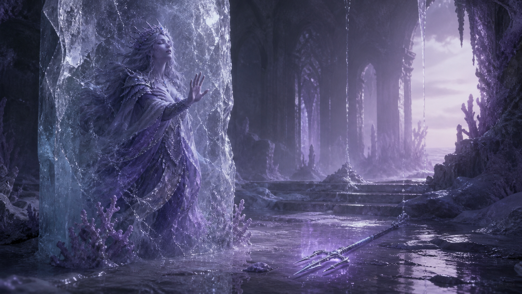 Original fan art of a sea sorceress trapped in translucent ice as a stolen trident falls away