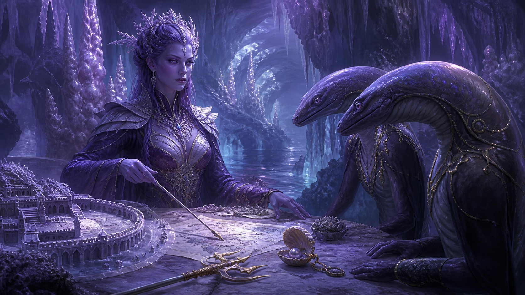 Original fan art of a sea sorceress planning around a seawall, shell locket, and trident with two eel-like agents