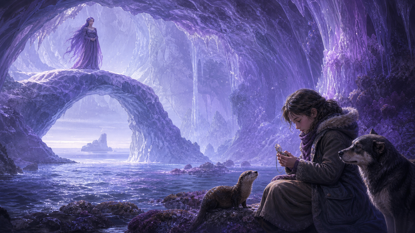 Original fan art of a distant sea sorceress watching a young coastal explorer study a locket with animal friends