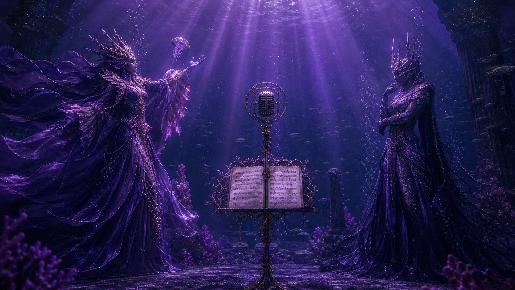 Original fan art of two contrasting sea-sorceress performance traditions around one vintage microphone