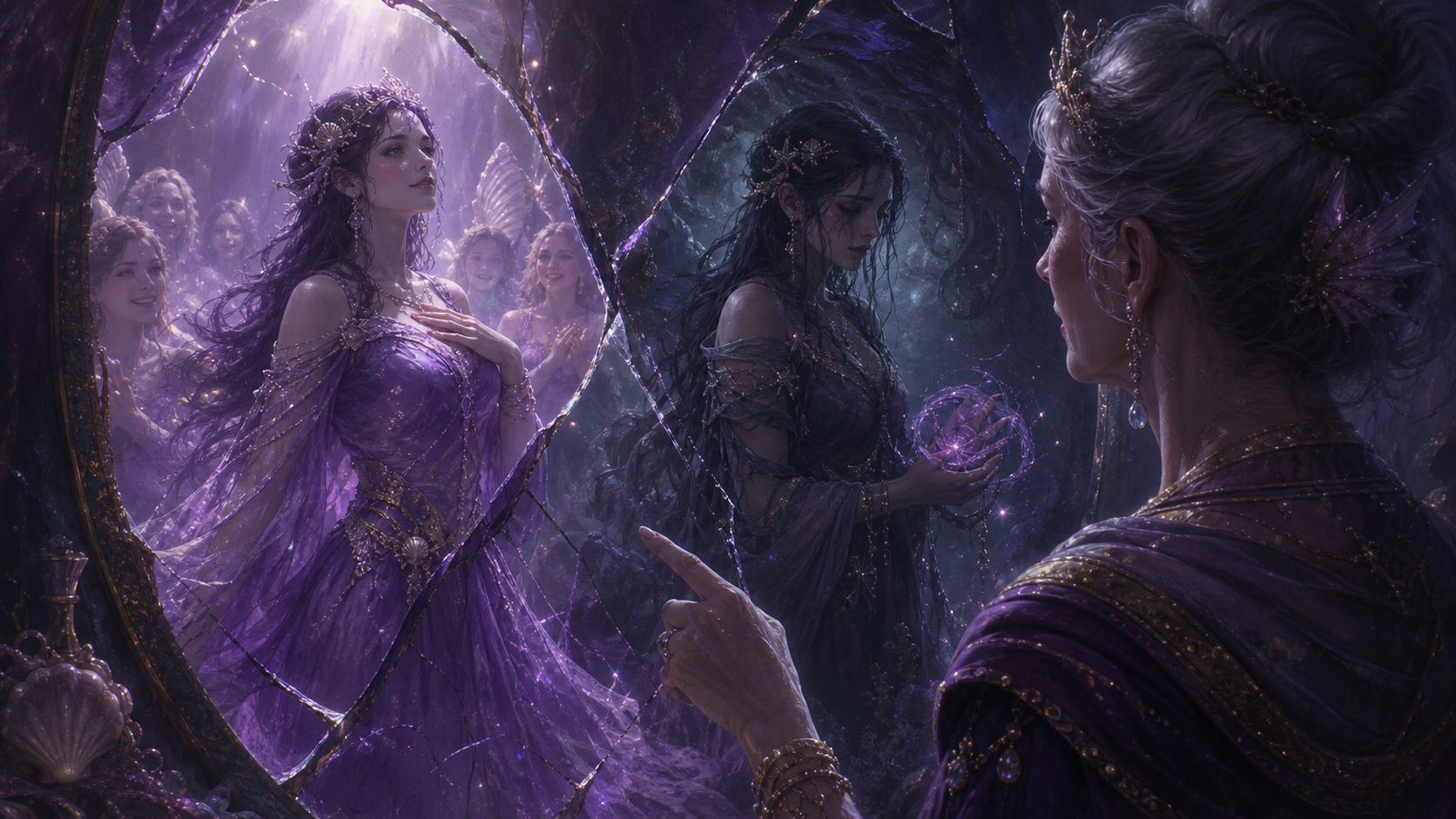 Original fan art of two sea-sorceress sisters divided by a mother’s comparison in a fractured mirror