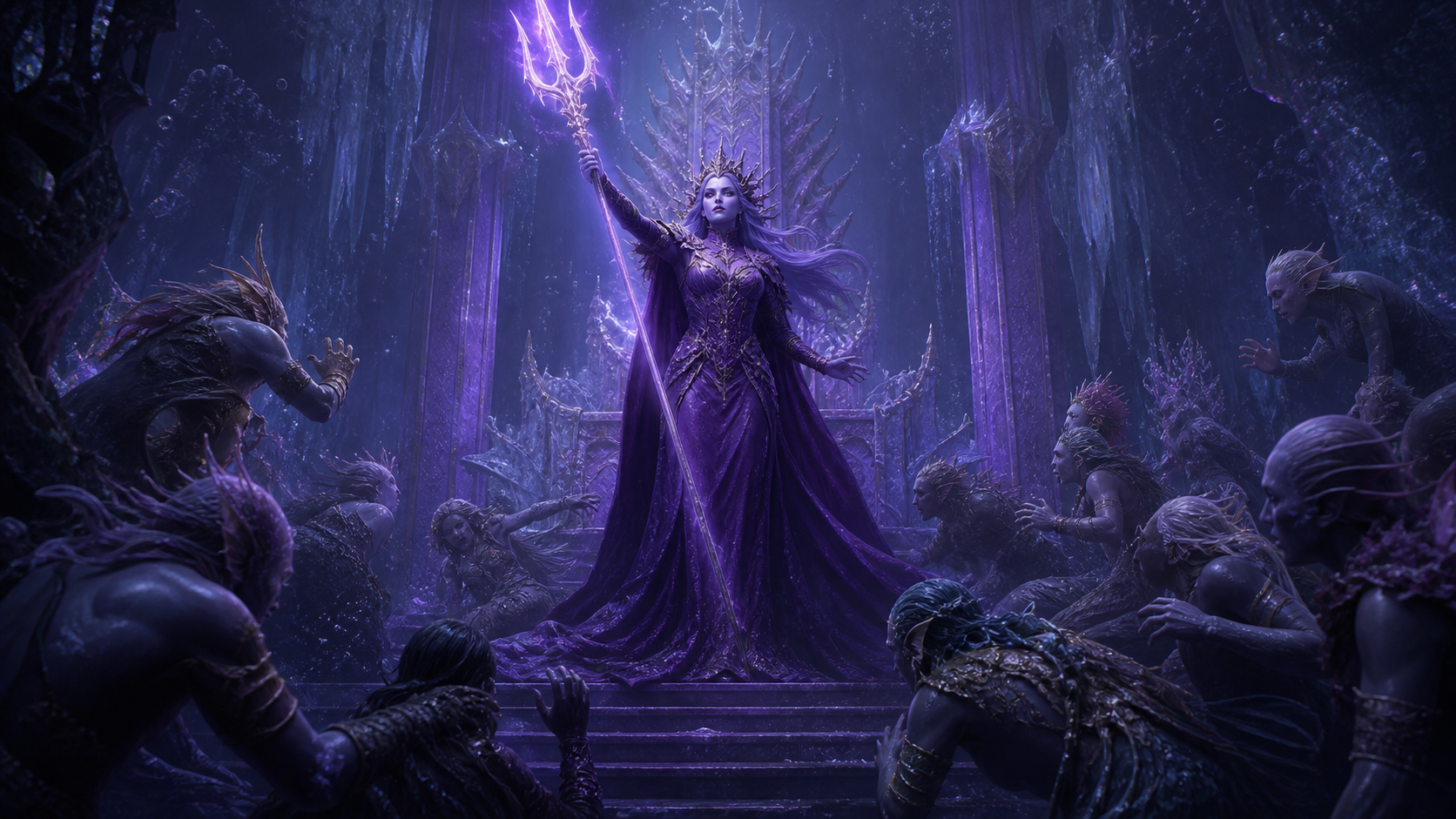 Original fan art of a sea sorceress raising a glowing trident over a frozen underwater throne room
