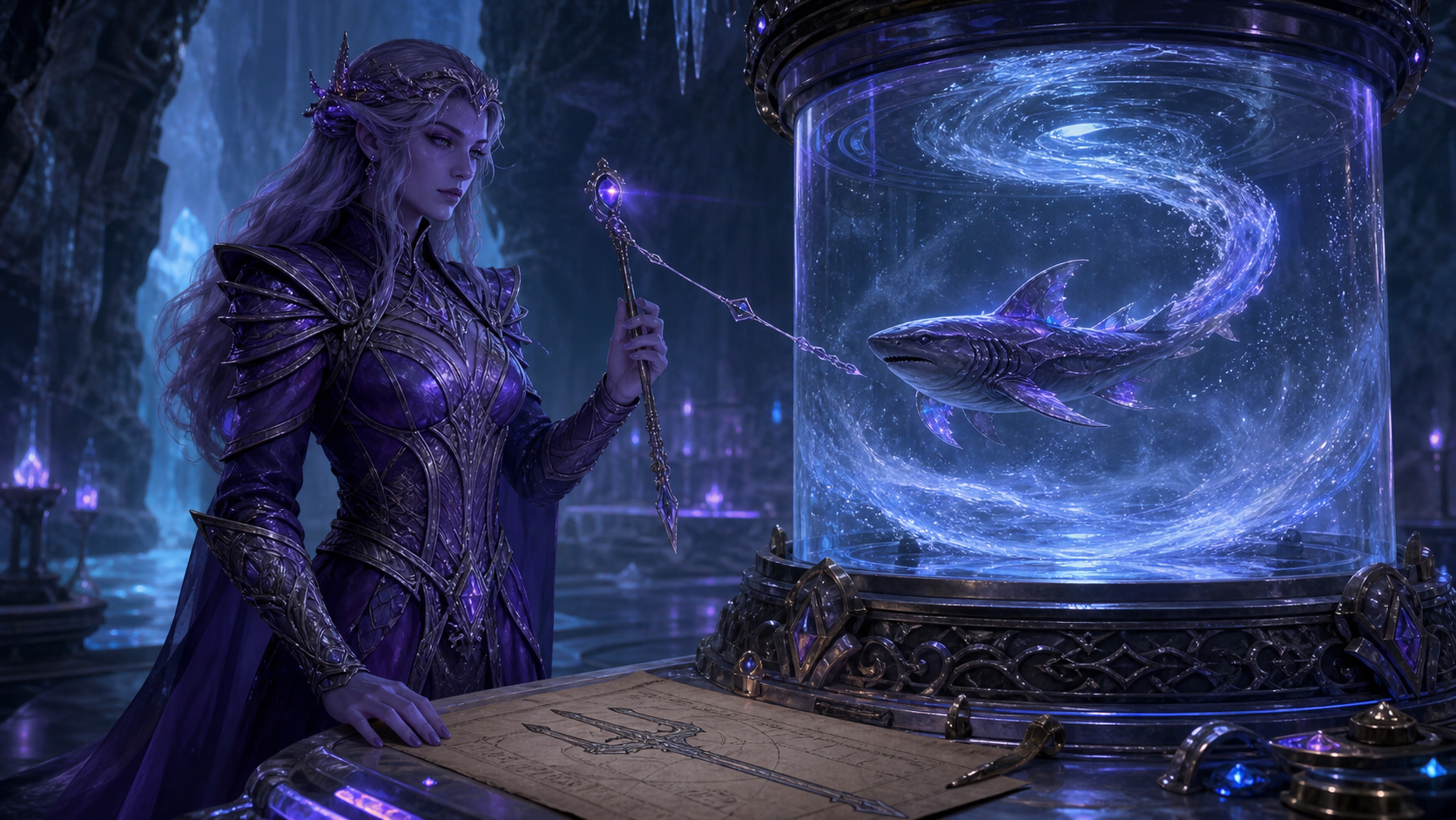 Original fan art of a sea sorceress controlling a miniature shark-like creature inside an enchanted current