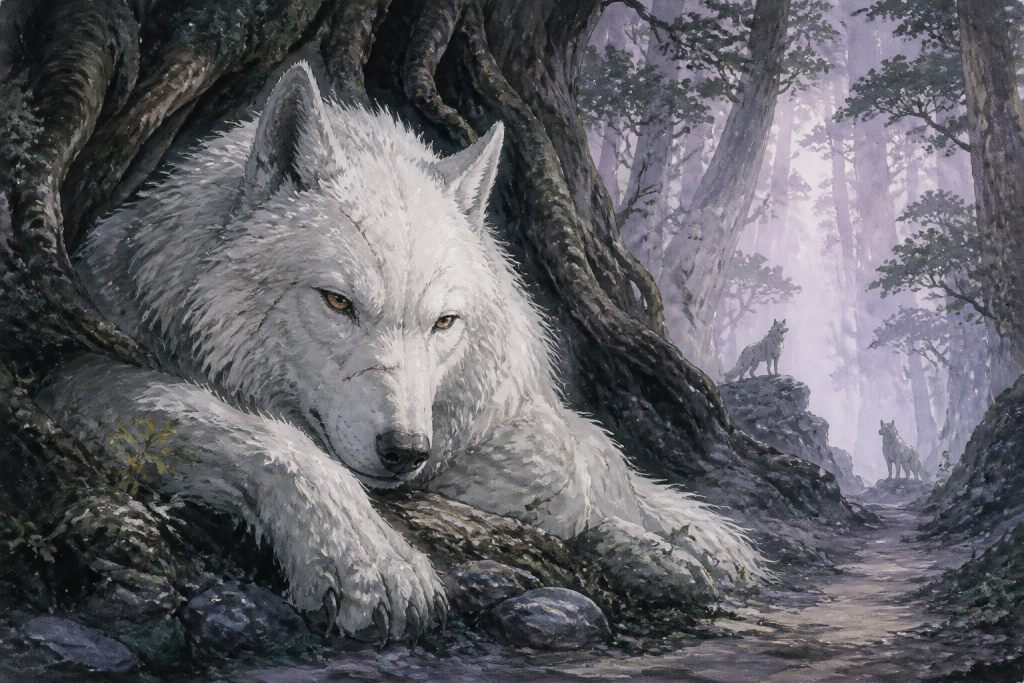 D:\CVM Sekai\CVM Sekai Website\Website\Website Images\Anime\Princess Mononoke\Characters\moro-character-profile.png Moro Character Profile Moro resting beneath ancient cedar roots while two wolves guard the forest path[2]