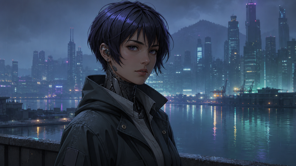 Cybernetic public-security Major Motoko Kusanagi above a rainy harbor city