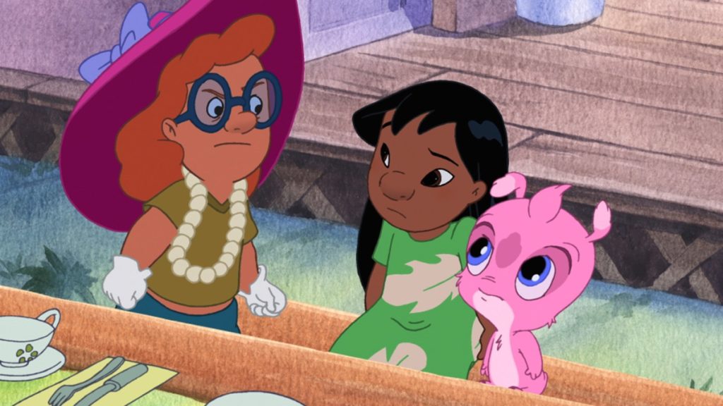 Official episode still of Lilo and Mr. Stenchy sitting beside Mertle during a tea party