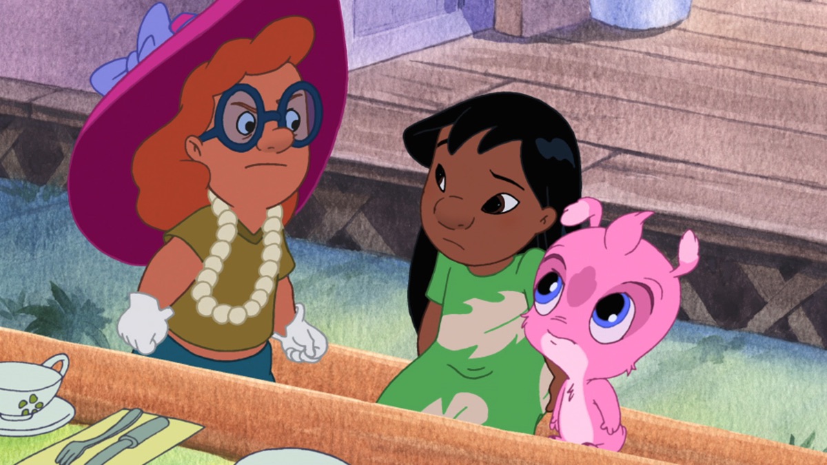 Official episode still of Lilo and Mr. Stenchy sitting beside Mertle during a tea party