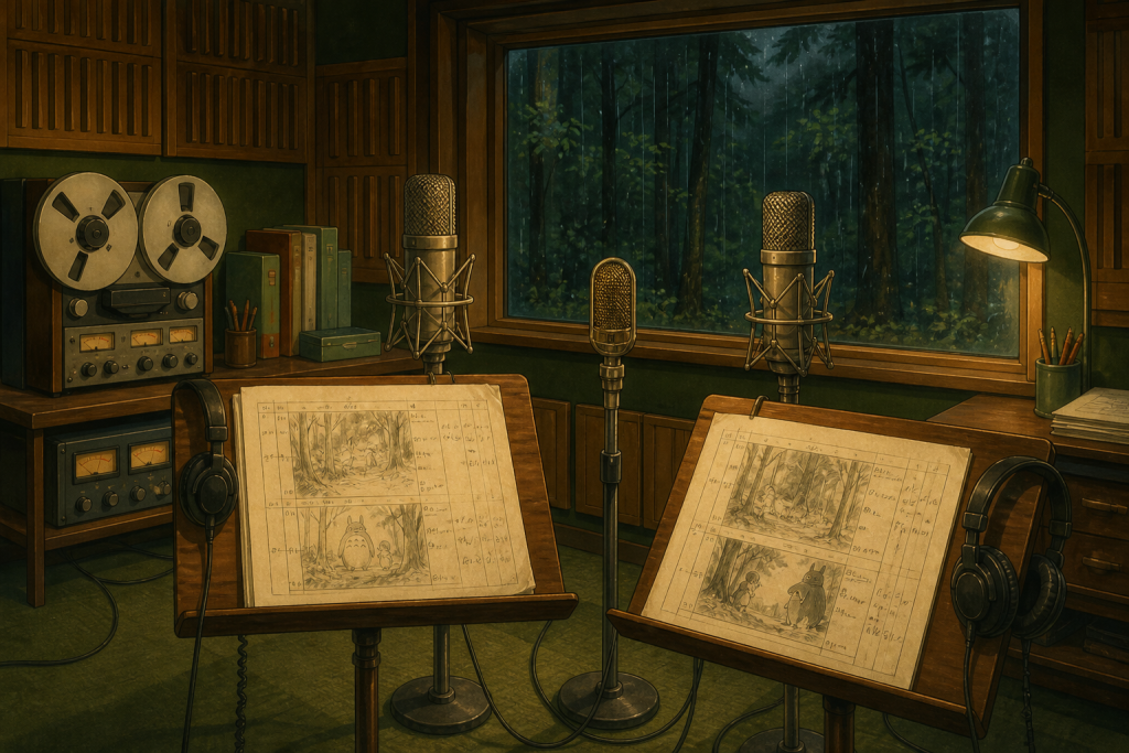 Vintage animation recording studio with microphones and timing sheets