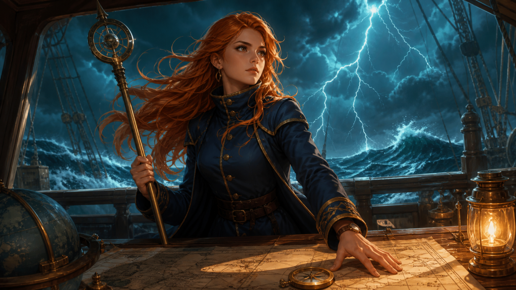 Nami directs a ship through lightning with charts, compass, and weather staff