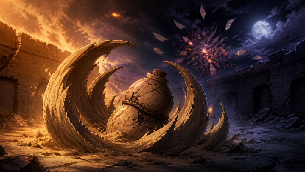 A cracked sand gourd inside a broken protective spiral beneath divided amber and violet skies for Naruto Episode 77