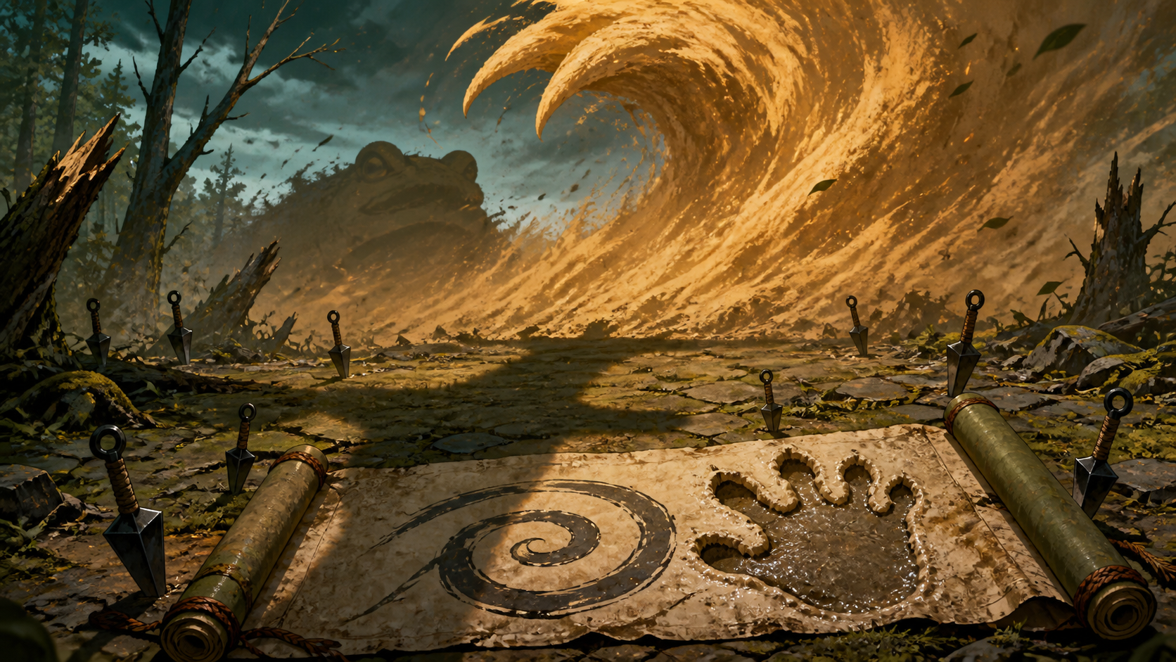 A summoning scroll with a giant amphibian footprint facing a towering sandstorm for Naruto Episode 78