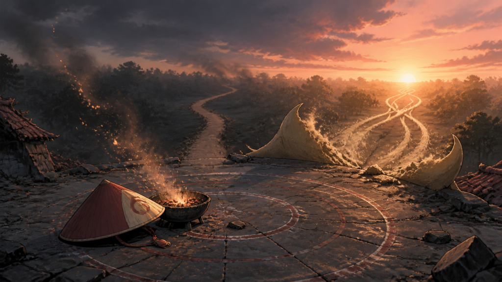 A fallen ceremonial leader’s hat beside a final flame and divided sand trails at sunrise for Naruto Episode 79