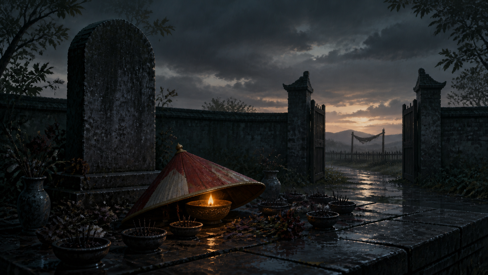 A ceremonial leader’s hat sheltering one ember beside a rain-soaked memorial for Naruto Episode 80