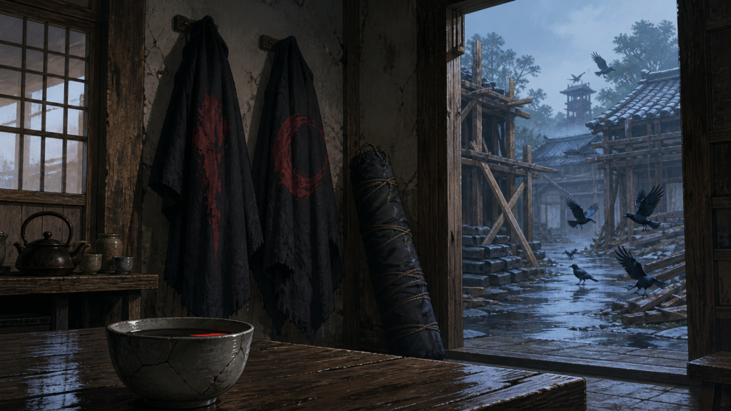 Two empty black travel cloaks and a wrapped bundle inside a rain-damp tea shop for Naruto Episode 81
