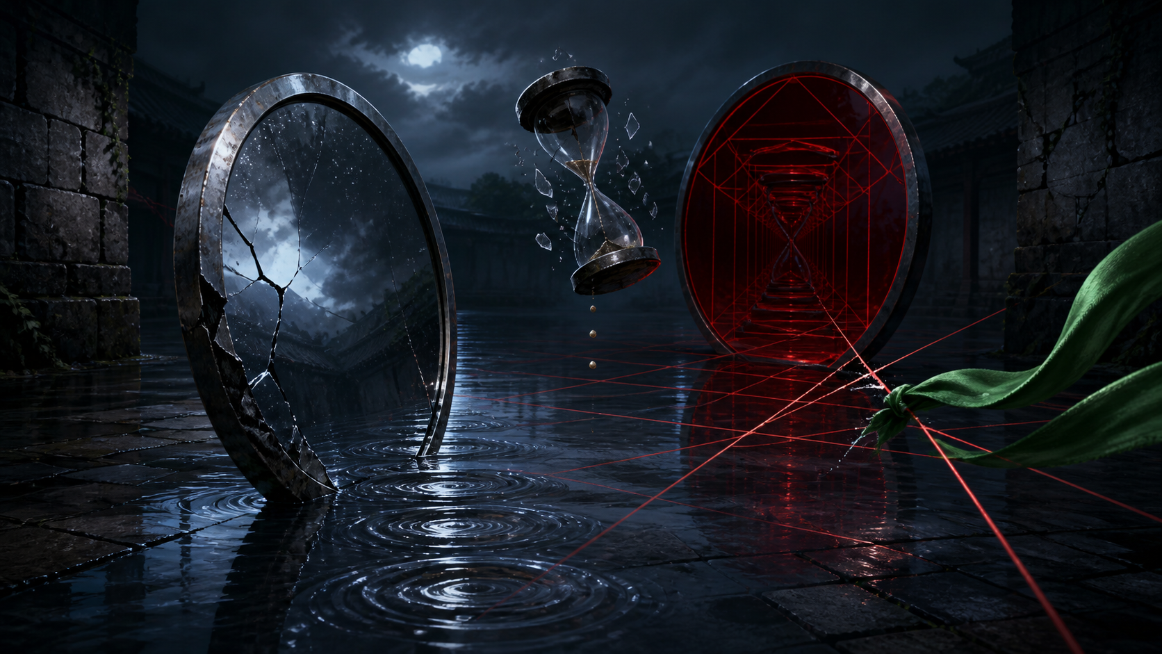 A cracked steel mirror facing a crimson reflection cage around a shattered hourglass for Naruto Episode 82
