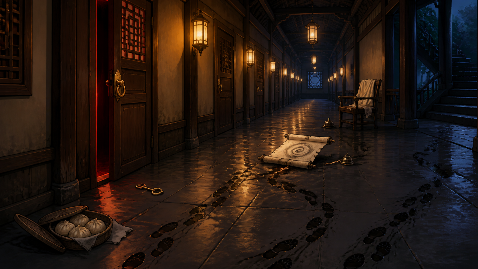 An inn door opening toward crimson darkness beside dumplings and converging footprints for Naruto Episode 83