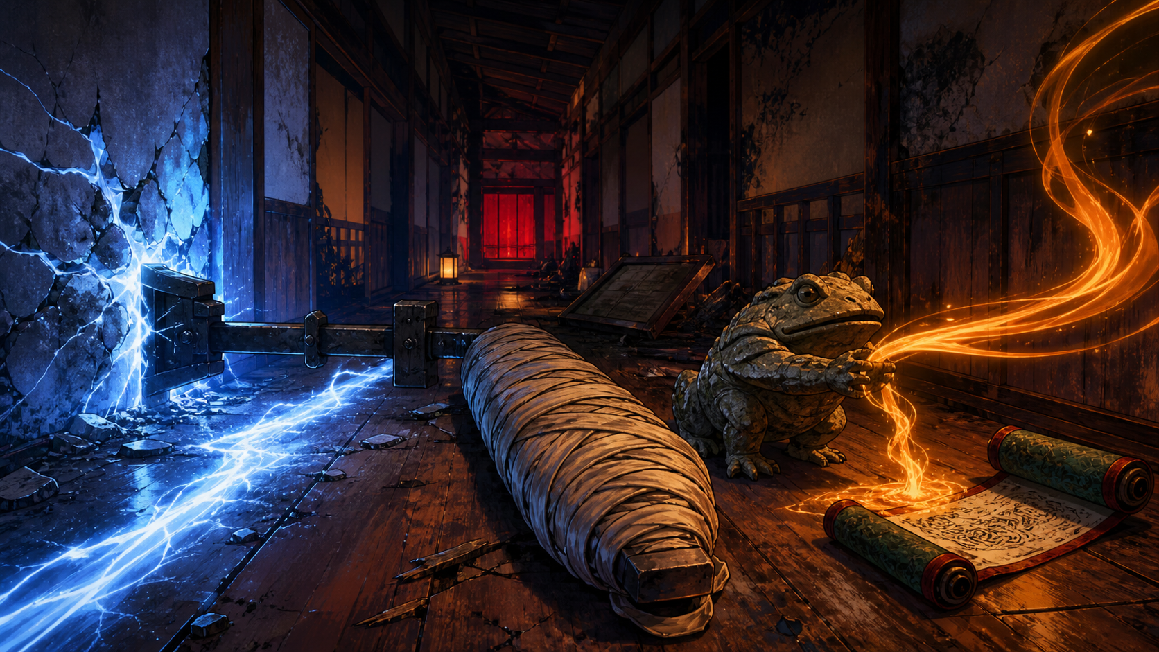 Stopped blue lightning, an absorbing wrapped bundle, and a stone toad guardian in an inn corridor for Naruto Episode 84