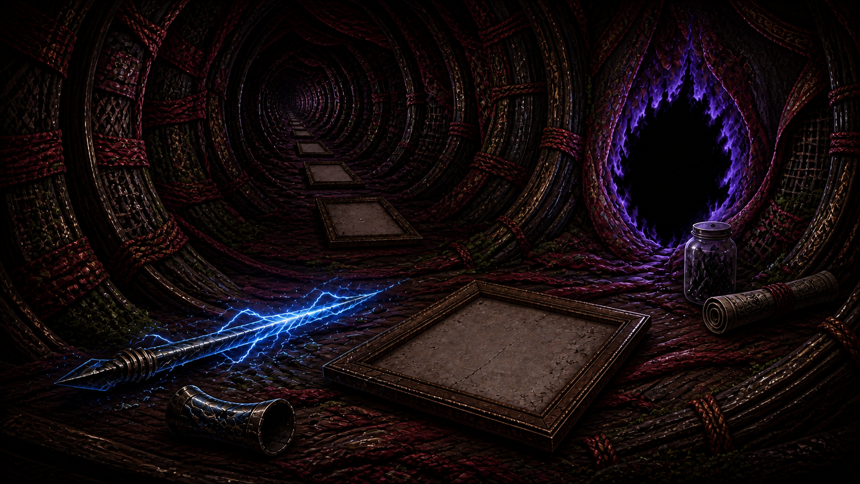 A broken lightning lance and empty wrist guard inside a woven tunnel with repeated empty frames and a black-violet escape burn for Naruto Episode 85