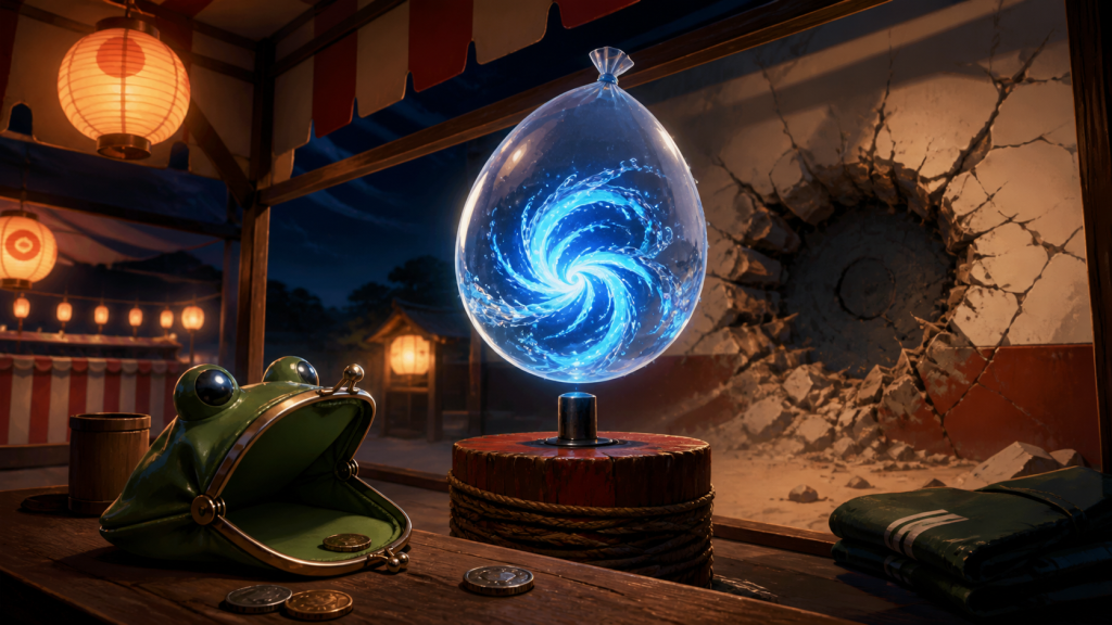 A luminous blue spiral turns inside a water balloon beside an emptied frog wallet and a cratered wall for Naruto Episode 86