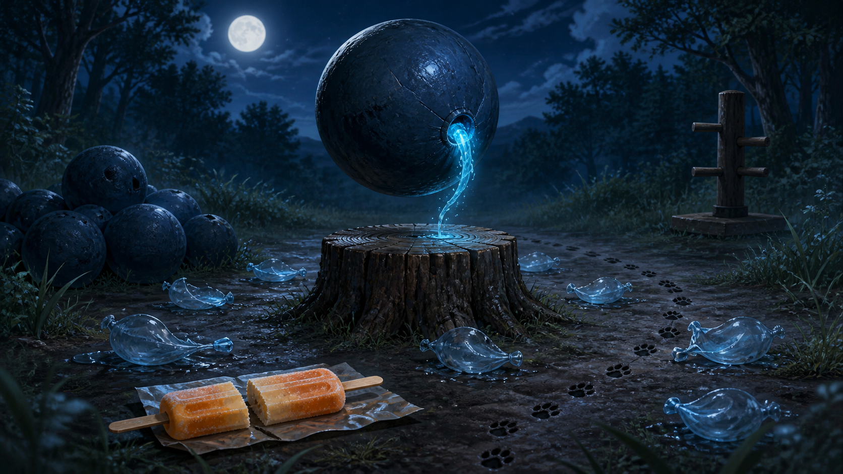 A punctured rubber training ball releases a blue spiral above burst water balloons and a split popsicle for Naruto Episode 87