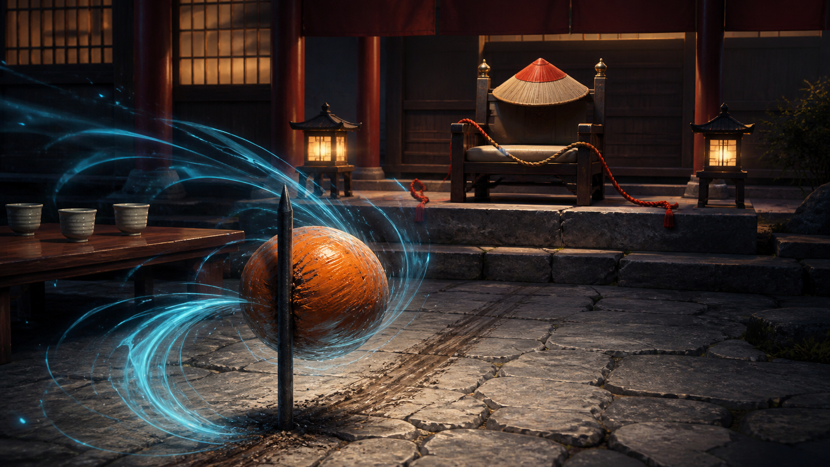 An unfinished blue vortex and orange sphere stop against one iron peg before an empty leadership chair for Naruto Episode 90