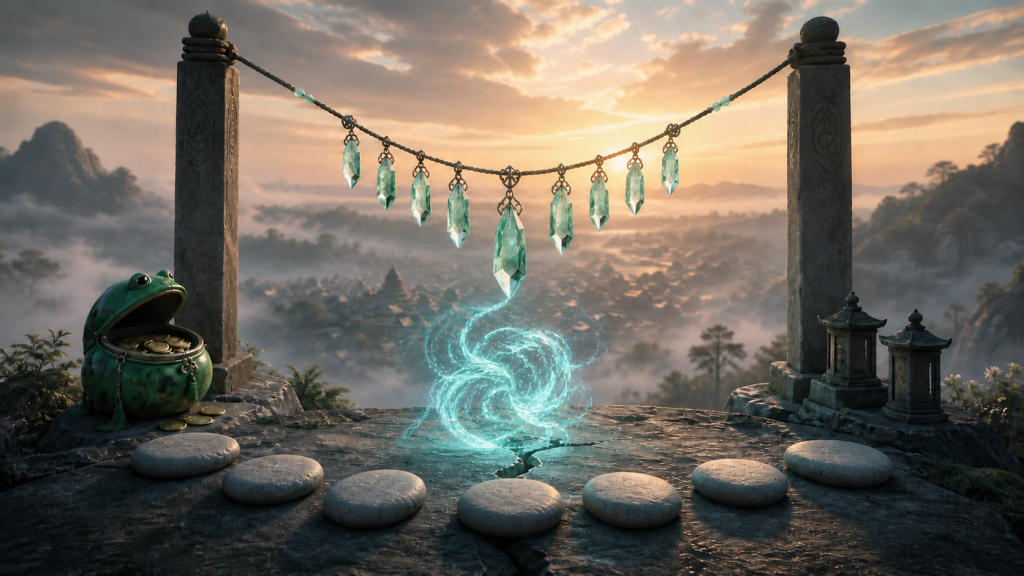 A green crystal necklace hangs above seven blank stones, an unfinished blue energy spiral and an open frog wallet for Naruto Episode 91
