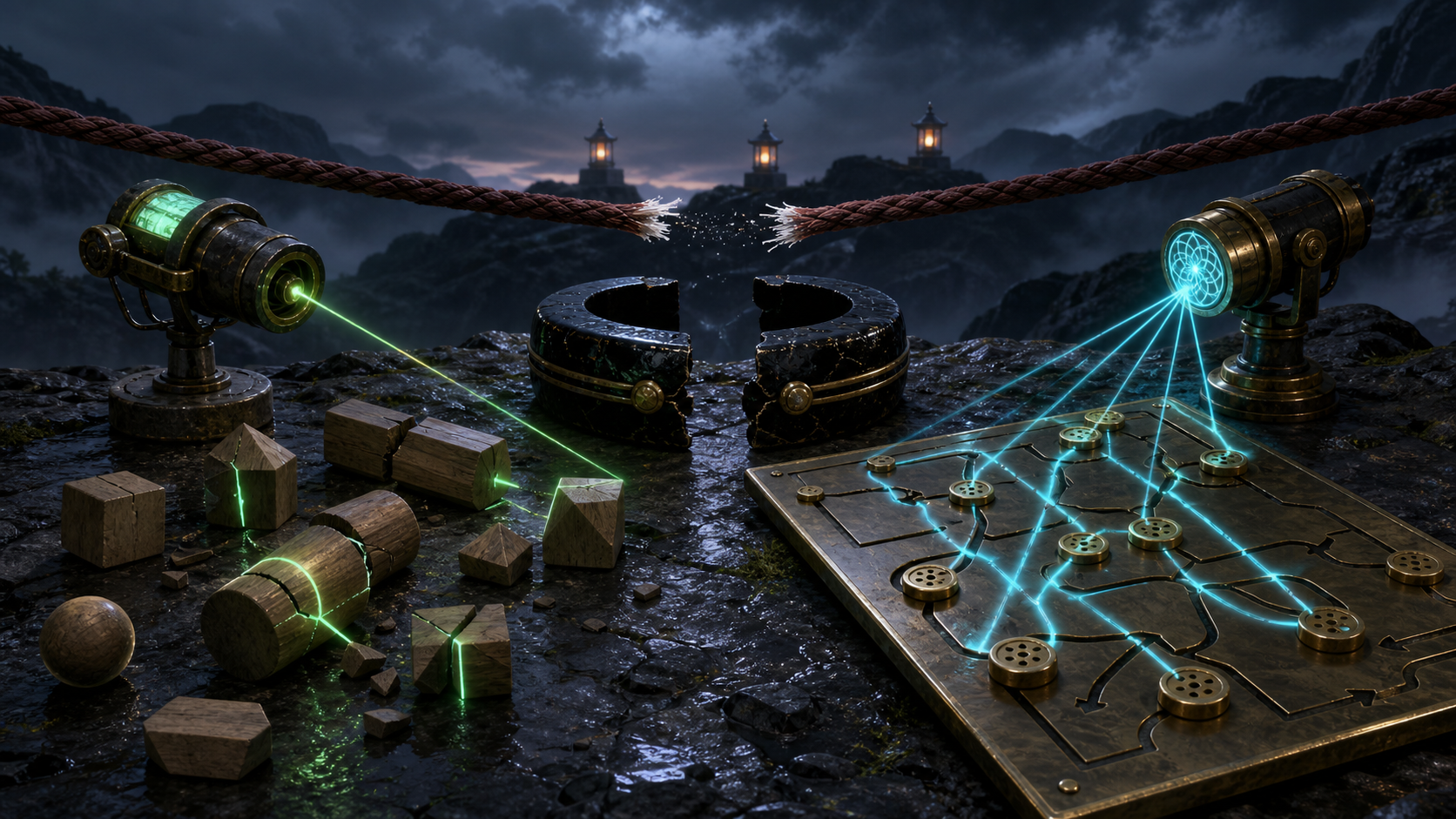 A severed bargain cord hangs above sealed braces between green precision light and a cyan scrambled-pathway board for Naruto Episode 93