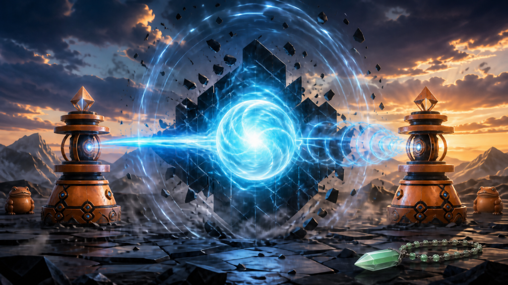Two orange control pylons combine a finished blue sphere against a black geometric barrier for Naruto Episode 94