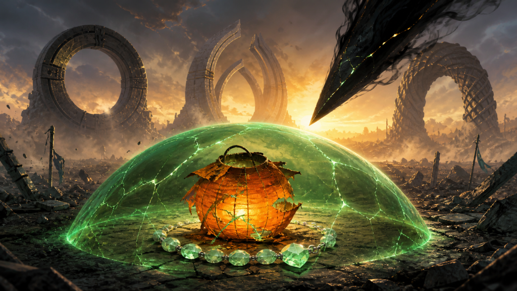 A repaired orange lantern and jade necklace rest beneath a regenerating green shield before three distant gateways for Naruto Episode 95