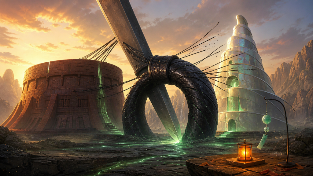 Three abstract monuments deadlock around a massive blade while an orange lantern and jade chime wait in the foreground for Naruto Episode 96