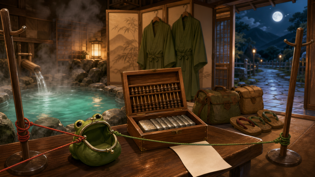A cleared abacus and paid coin box sit between an open frog wallet, collection satchels and duplicate robes for Naruto Episode 97