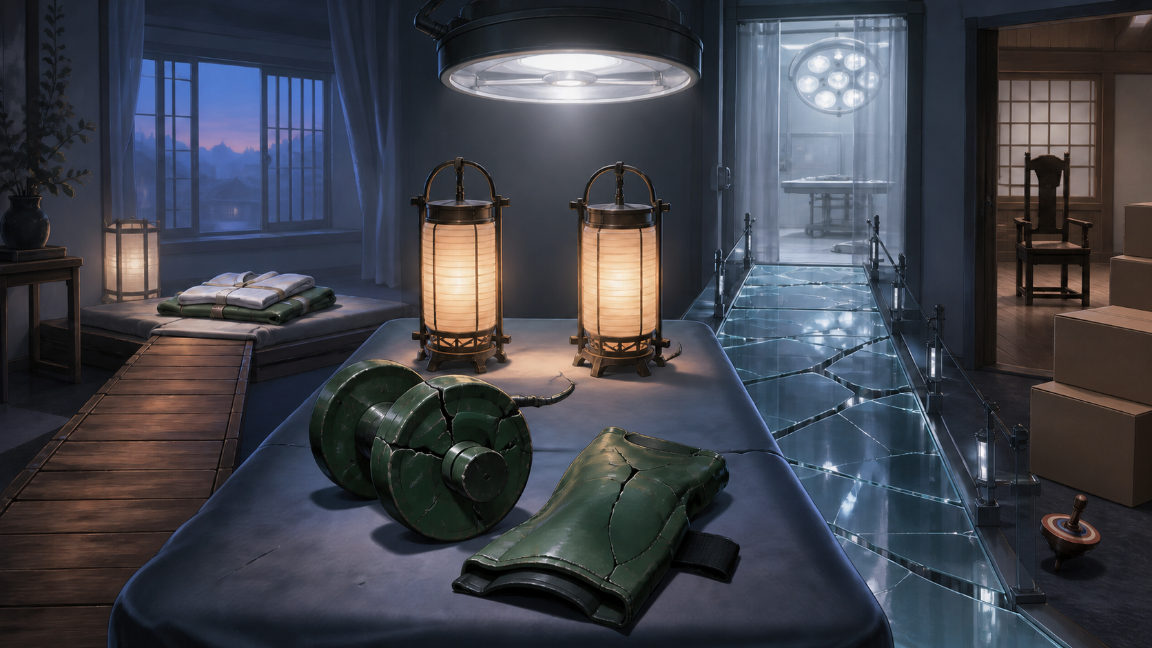 Two restored lanterns stand beside cracked green training weights and a fractured bridge toward an operating room for Naruto Episode 98