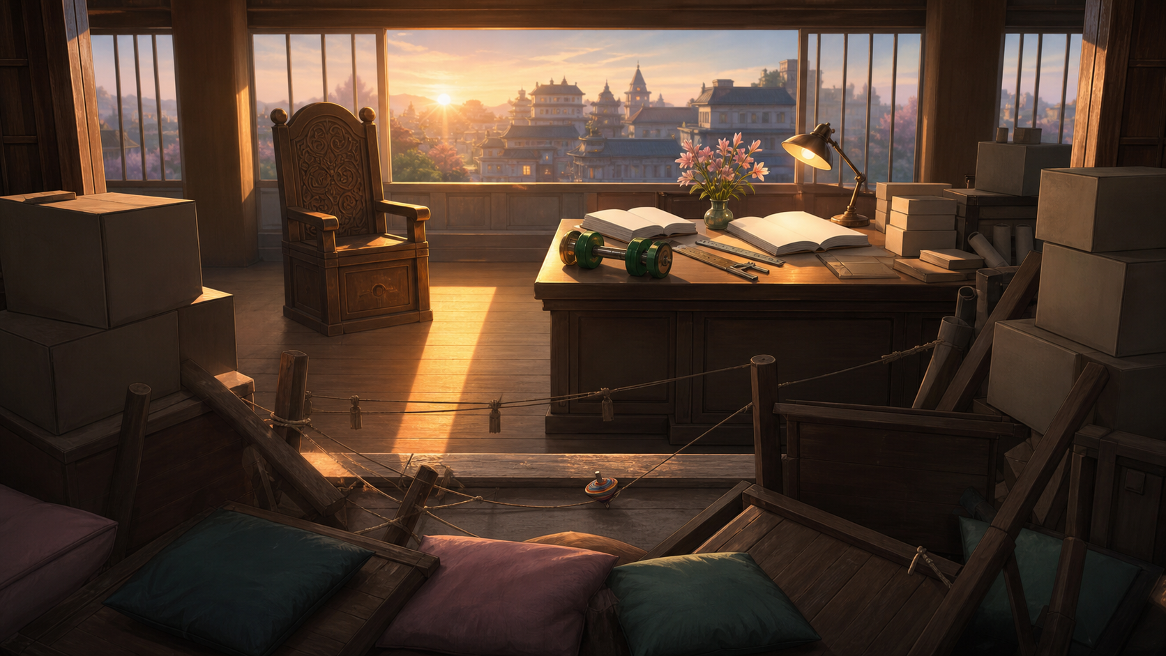A child-built office barricade faces an old chair and a new medical research desk at sunrise for Naruto Episode 99