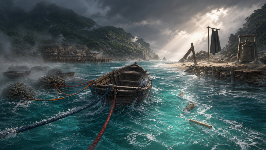 An empty racing skiff and three escort ropes hold fog decoys back while wet sandals lead toward a waiting shore for Naruto Episode 103