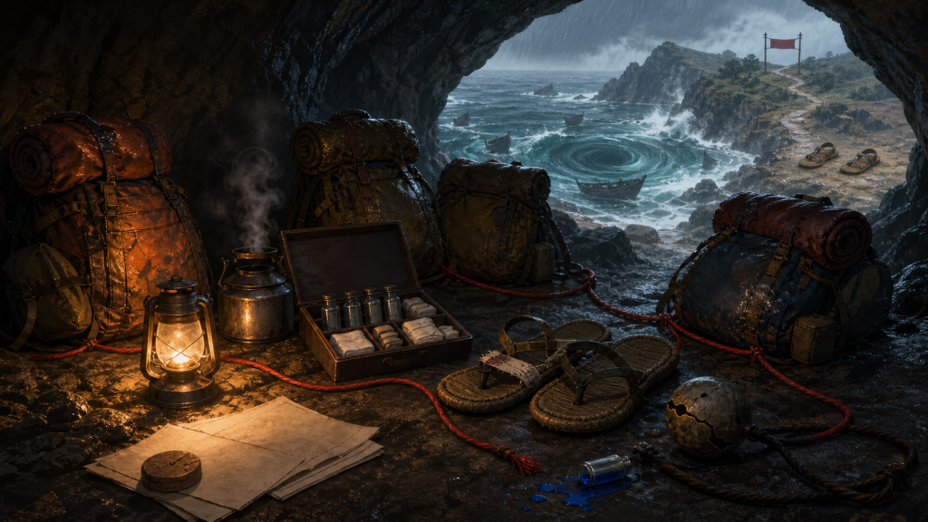 Four travel packs surround antidotes and repaired runner sandals in a cave above a fading whirlpool for Naruto Episode 104