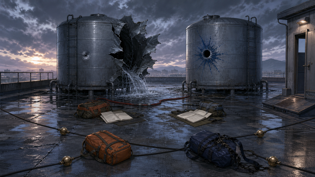 Two rooftop water tanks reveal unequal hidden damage while four cords converge on a fraying blue pack for Naruto Episode 108