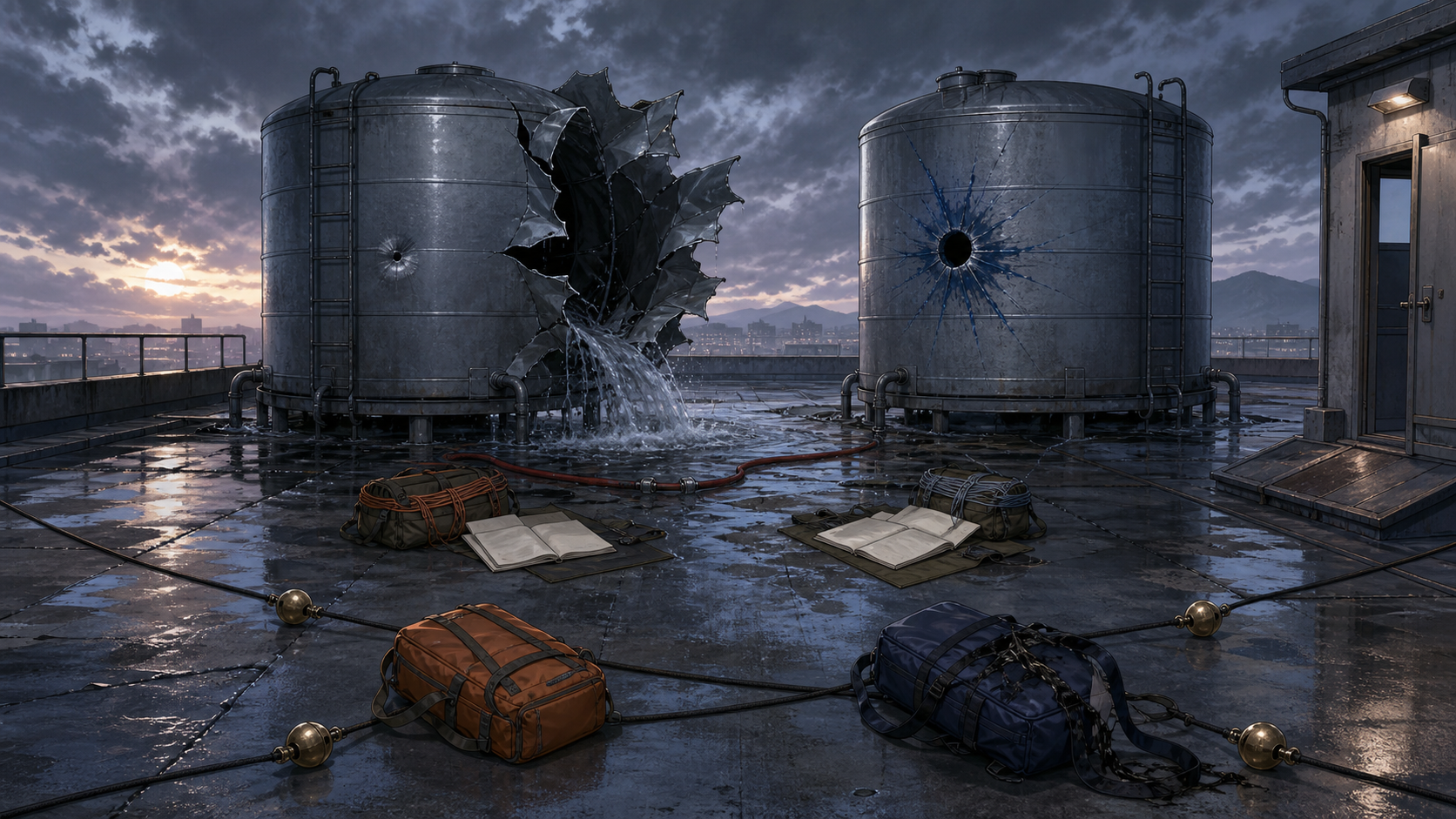 Two rooftop water tanks reveal unequal hidden damage while four cords converge on a fraying blue pack for Naruto Episode 108