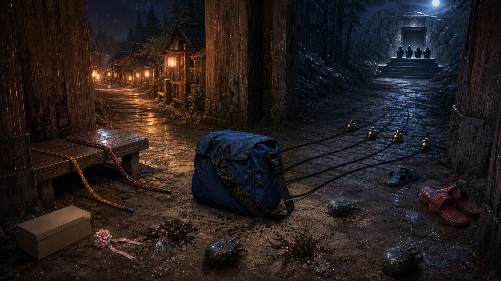 A blue travel pack chooses four black guide cords toward a cold chamber over warm village paths for Naruto Episode 109