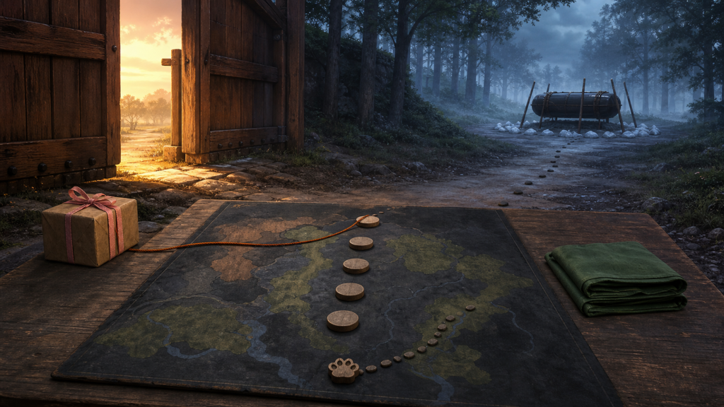 Six wooden role tokens form a pursuit formation toward a sealed forest casket for Naruto Episode 110