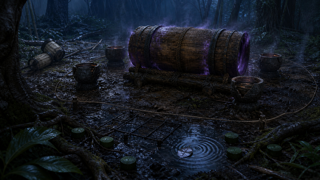 A sealed cedar transport drum and four spent braziers await a detected ambush in Naruto Episode 111