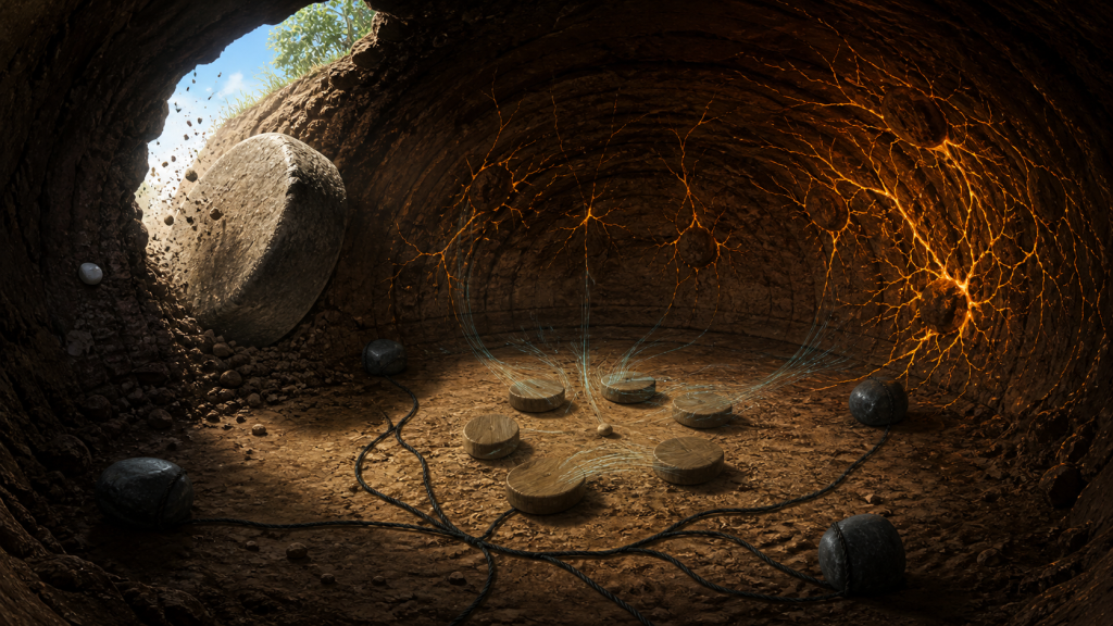 Six role stones lose energy inside a regenerating earth dome as a millstone breaks the weak seam in Naruto Episode 112
