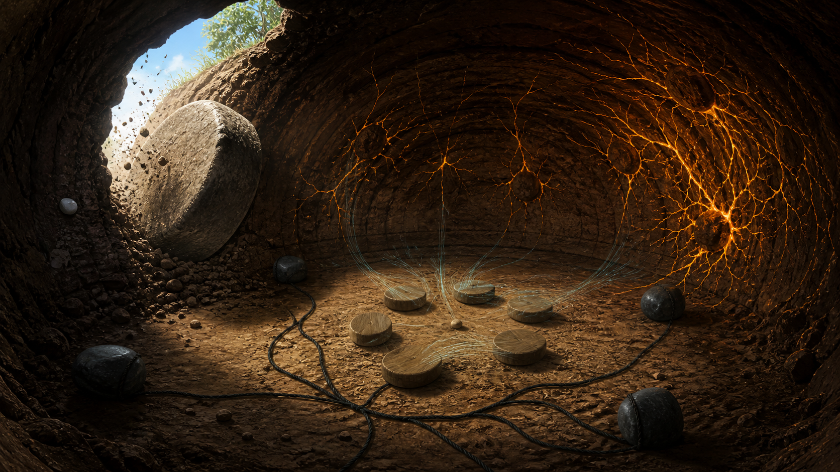Six role stones lose energy inside a regenerating earth dome as a millstone breaks the weak seam in Naruto Episode 112