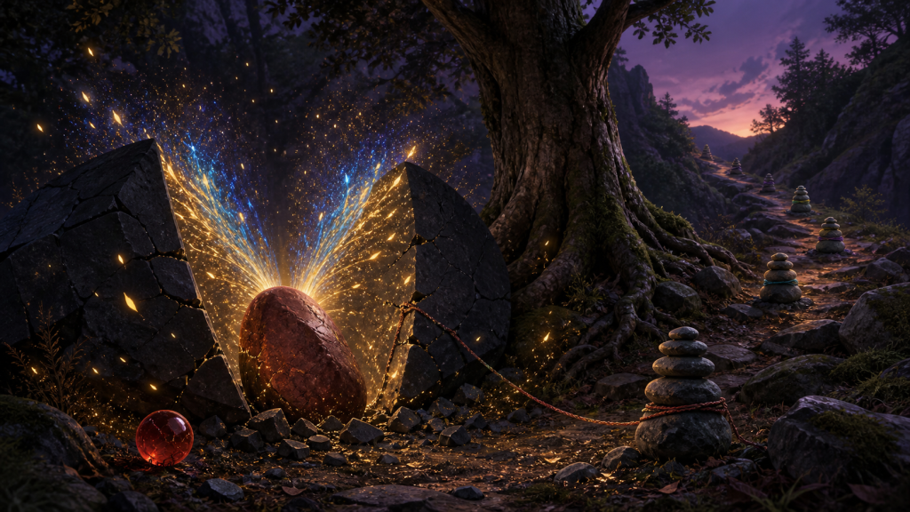 A wing-lit guardian stone splits black basalt beside a spent red sphere and a cairn-marked trail in Naruto Episode 114