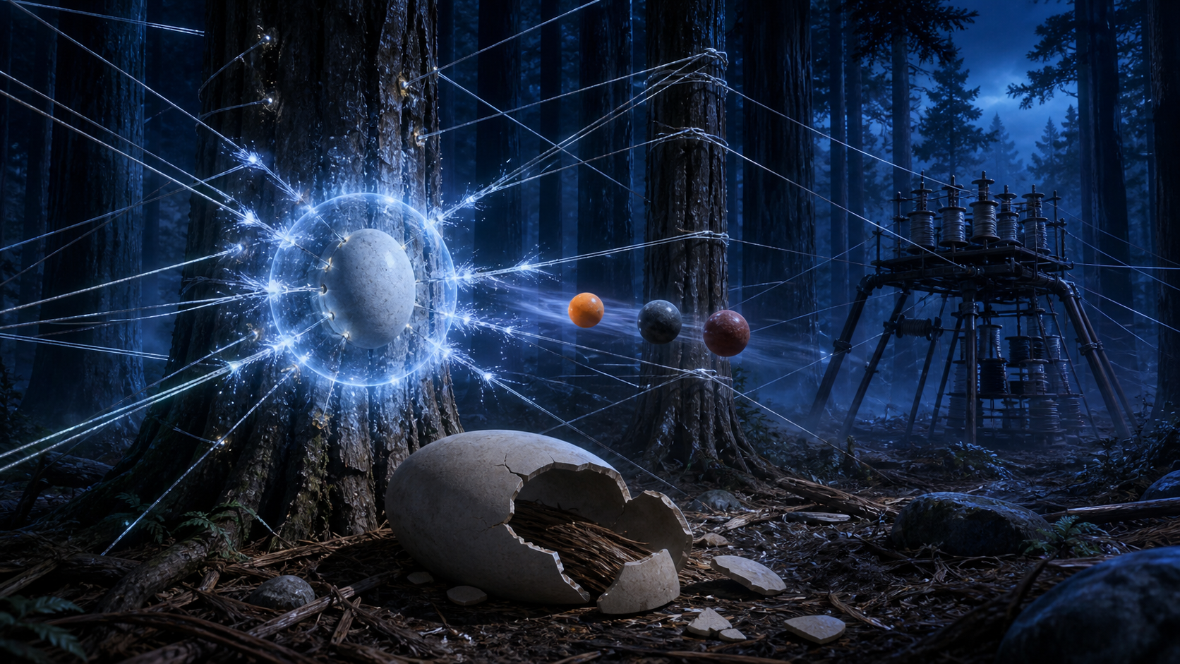 A pale guardian stone severs a forest web lattice as three pursuit tokens escape in Naruto Episode 115