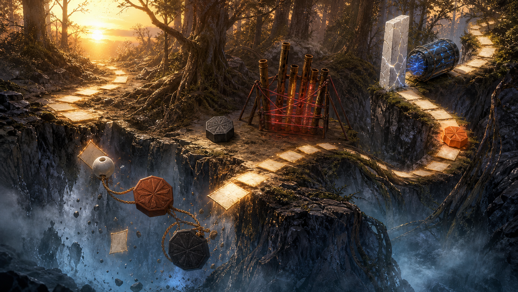 Three pursuit routes divide across a ravine as a white carrier takes a blue-cracked capsule in Naruto Episode 119