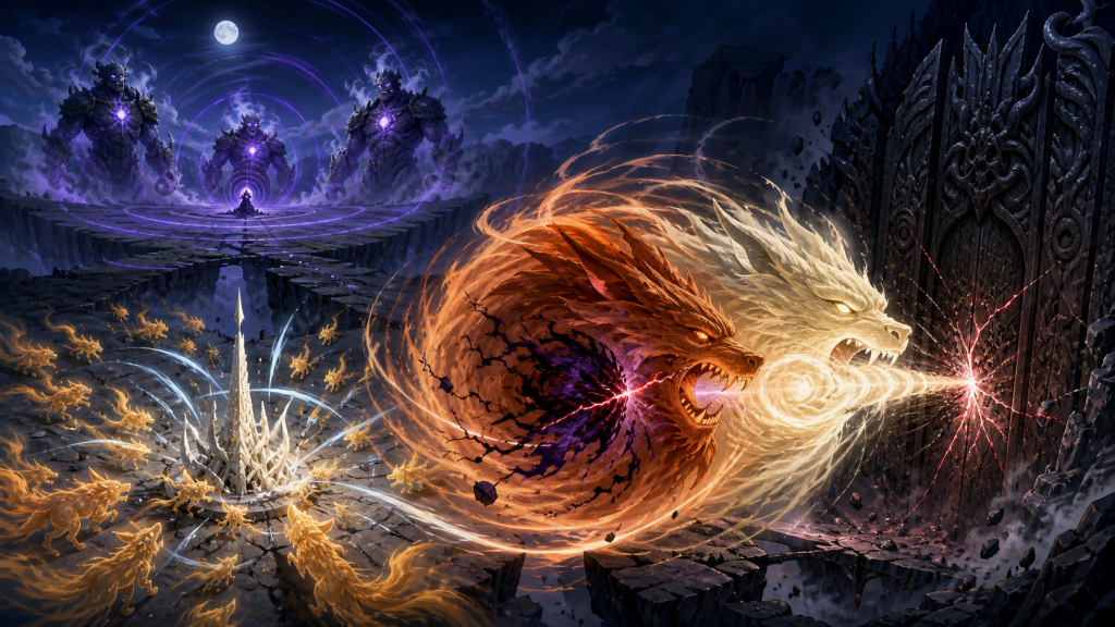 Two guardian-wolf energy forms strike a dark gate while amber duplicates face a white defense and three violet summons advance in Naruto Episode 120