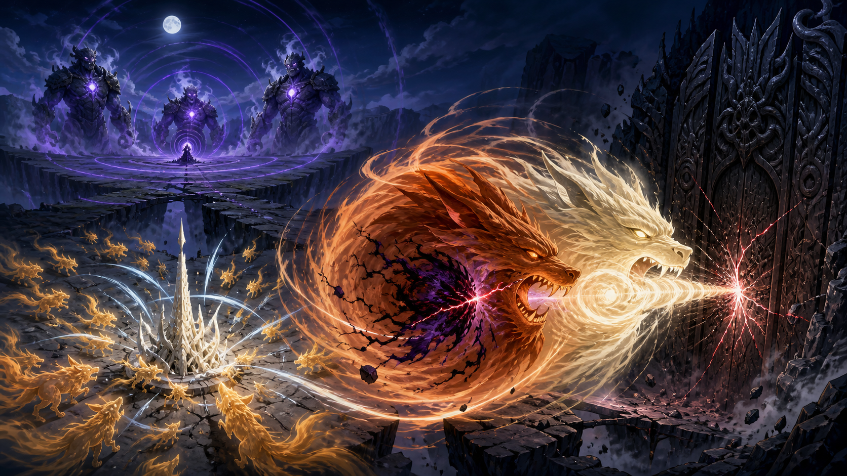Two guardian-wolf energy forms strike a dark gate while amber duplicates face a white defense and three violet summons advance in Naruto Episode 120