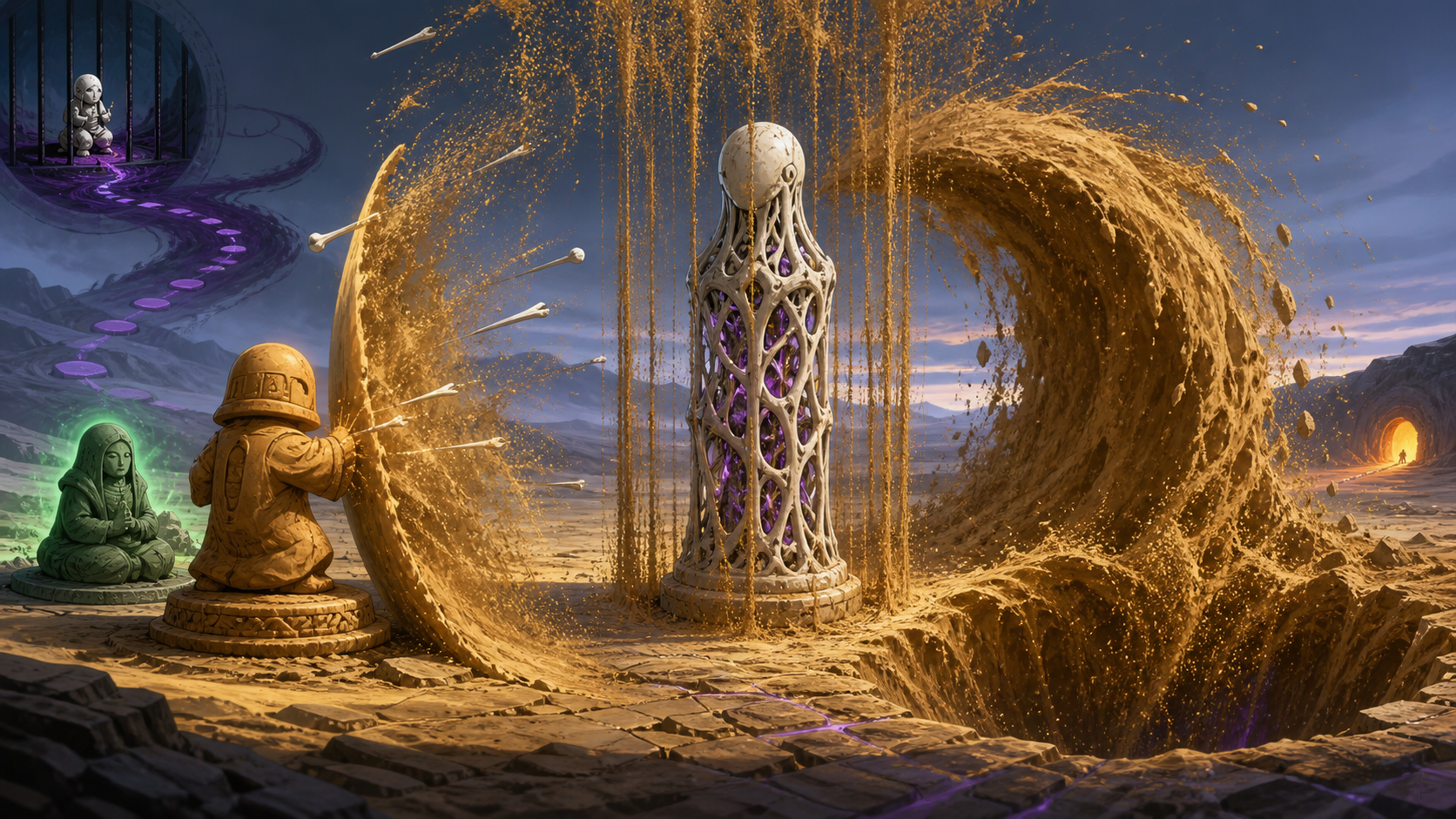 An ochre guardian raises sand from the earth against bone-white projectiles and a skeletal pillar in Naruto Episode 126